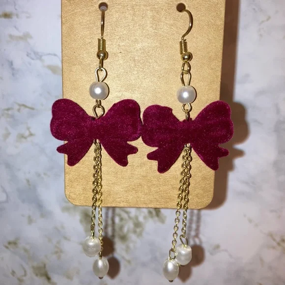 Burgundy Bow Pearl Dangling Statement Earrings Whimsy Coquette Spring Jewelry - Picture 7 of 10